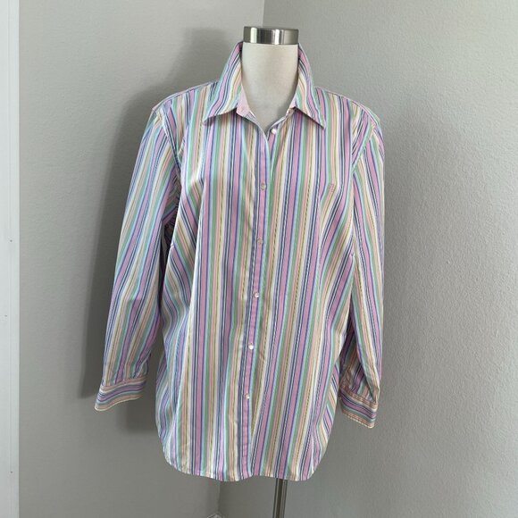 Lauren Ralph Lauren Womens Plus 2X Pastel Striped Button Up Shirt Long Sleeve - Picture 1 of 11